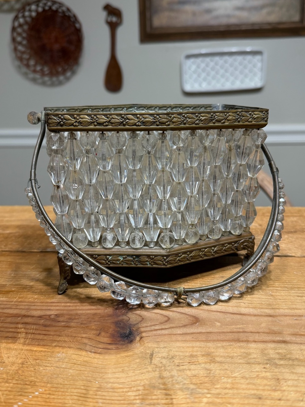 Antique Czech Crystal Beaded Brass Basket Lamp